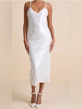 Lulu's White Sequin Cutout Slip Dress bride/bachelorette/bridal